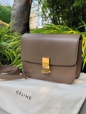 Celine Dove Grey Leather Classic Box Bag with Gold Hardware